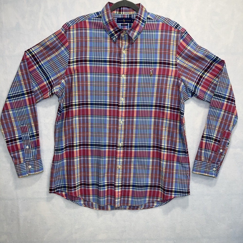 Ralph Lauren Blue‎ Red Plaid Men's Long Sleeve Dress Shirt Multi Color Pony XL